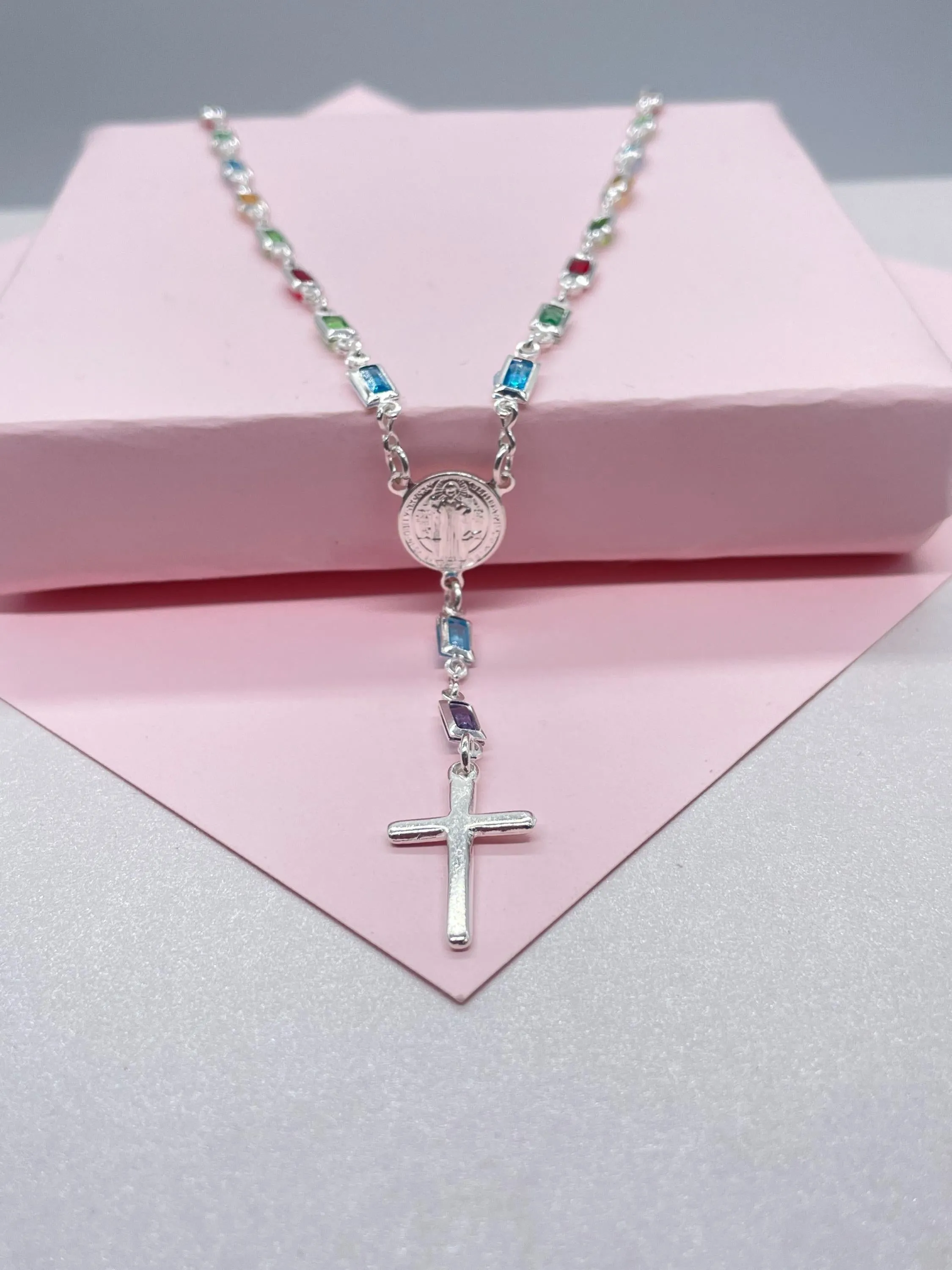 Silver Filled Small Square Colorful Rosary Necklace, Multicolor with St. Benedict Round Medal and Cross
