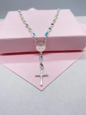 Silver Filled Small Square Colorful Rosary Necklace, Multicolor with St. Benedict Round Medal and Cross