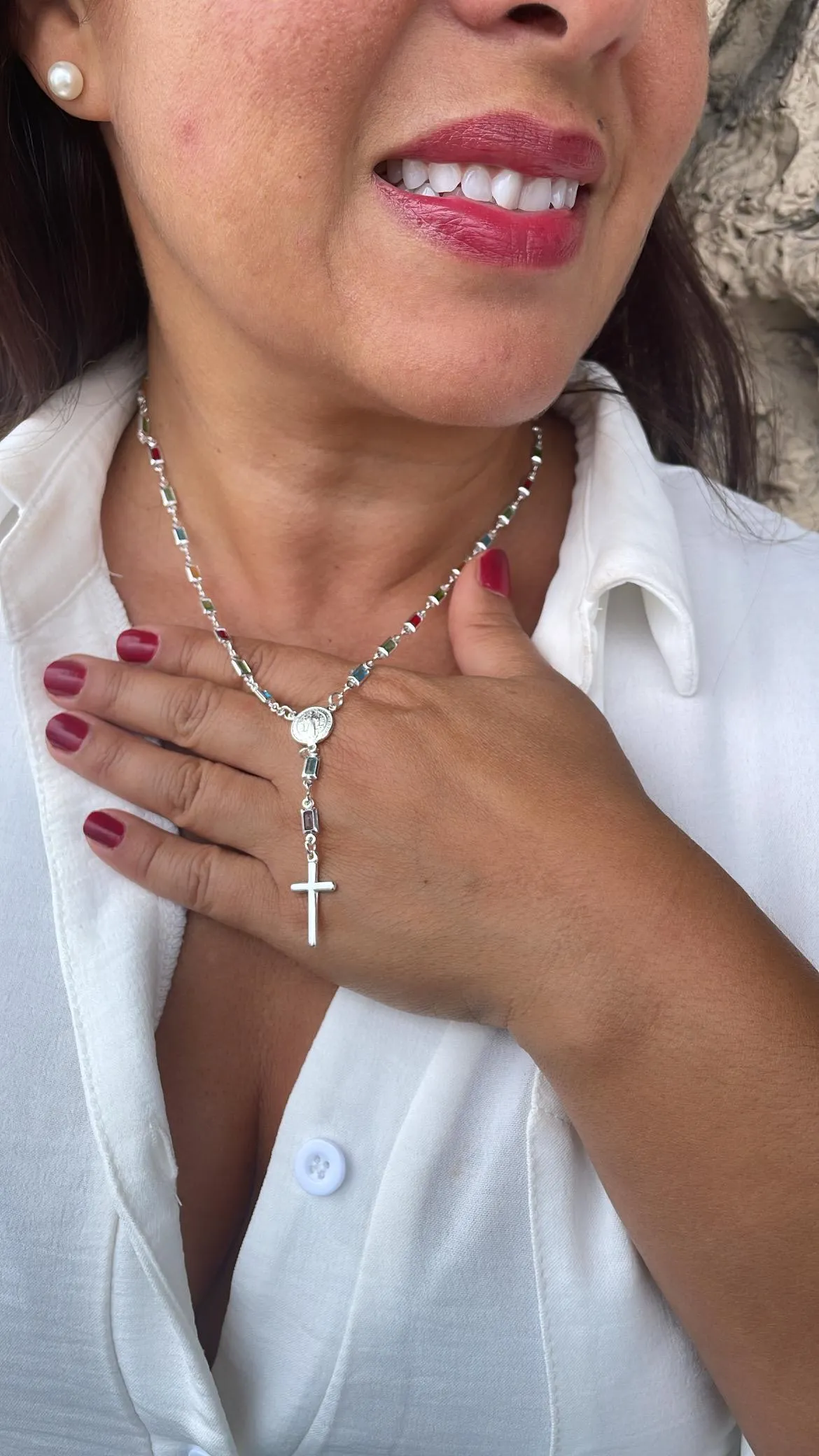 Silver Filled Small Square Colorful Rosary Necklace, Multicolor with St. Benedict Round Medal and Cross