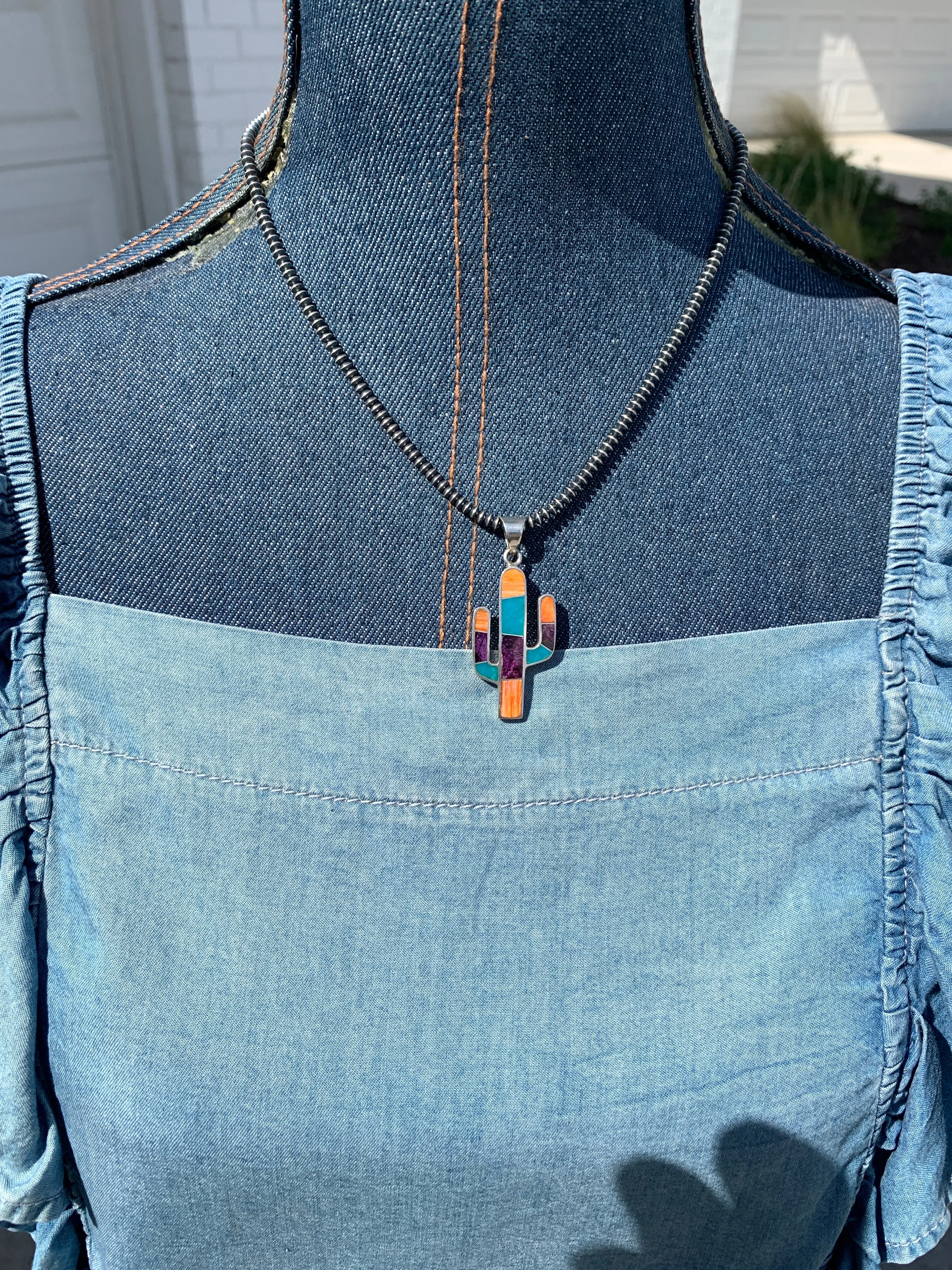Small Multi Stone Inlay Cactus Pendant