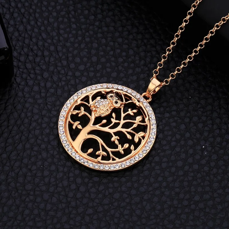 Small Owl Necklace Tree Of Life Pendant Rose Gold Women Sweater Chain