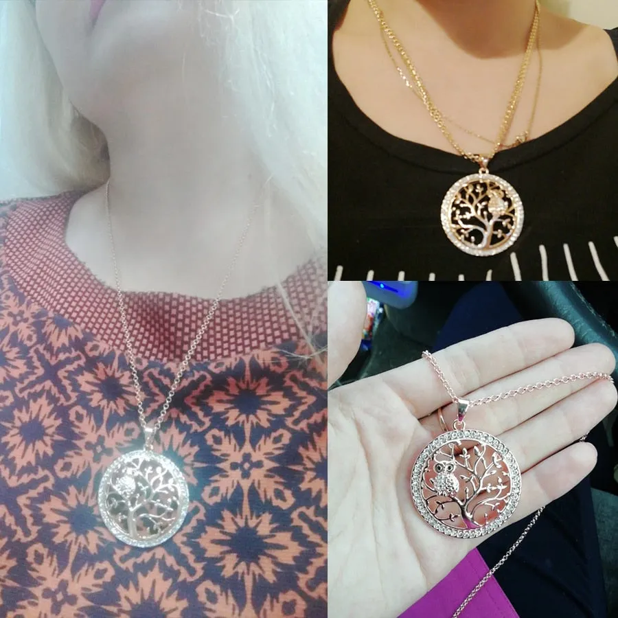 Small Owl Necklace Tree Of Life Pendant Rose Gold Women Sweater Chain