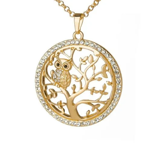Small Owl Necklace Tree Of Life Pendant Rose Gold Women Sweater Chain