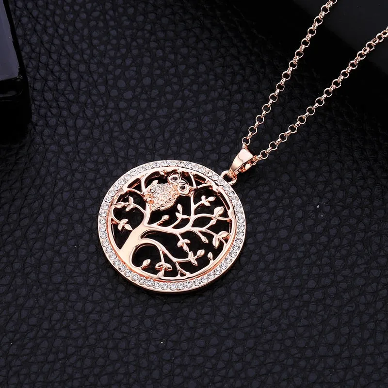 Small Owl Necklace Tree Of Life Pendant Rose Gold Women Sweater Chain