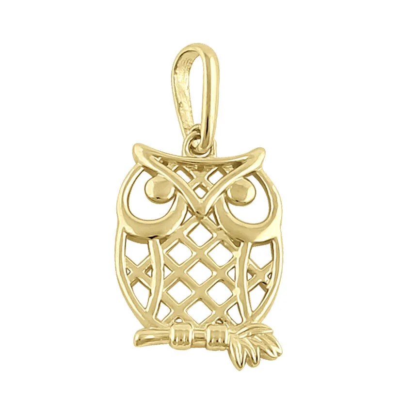 Solid 14K Yellow Gold Trendy Owl Pendant
