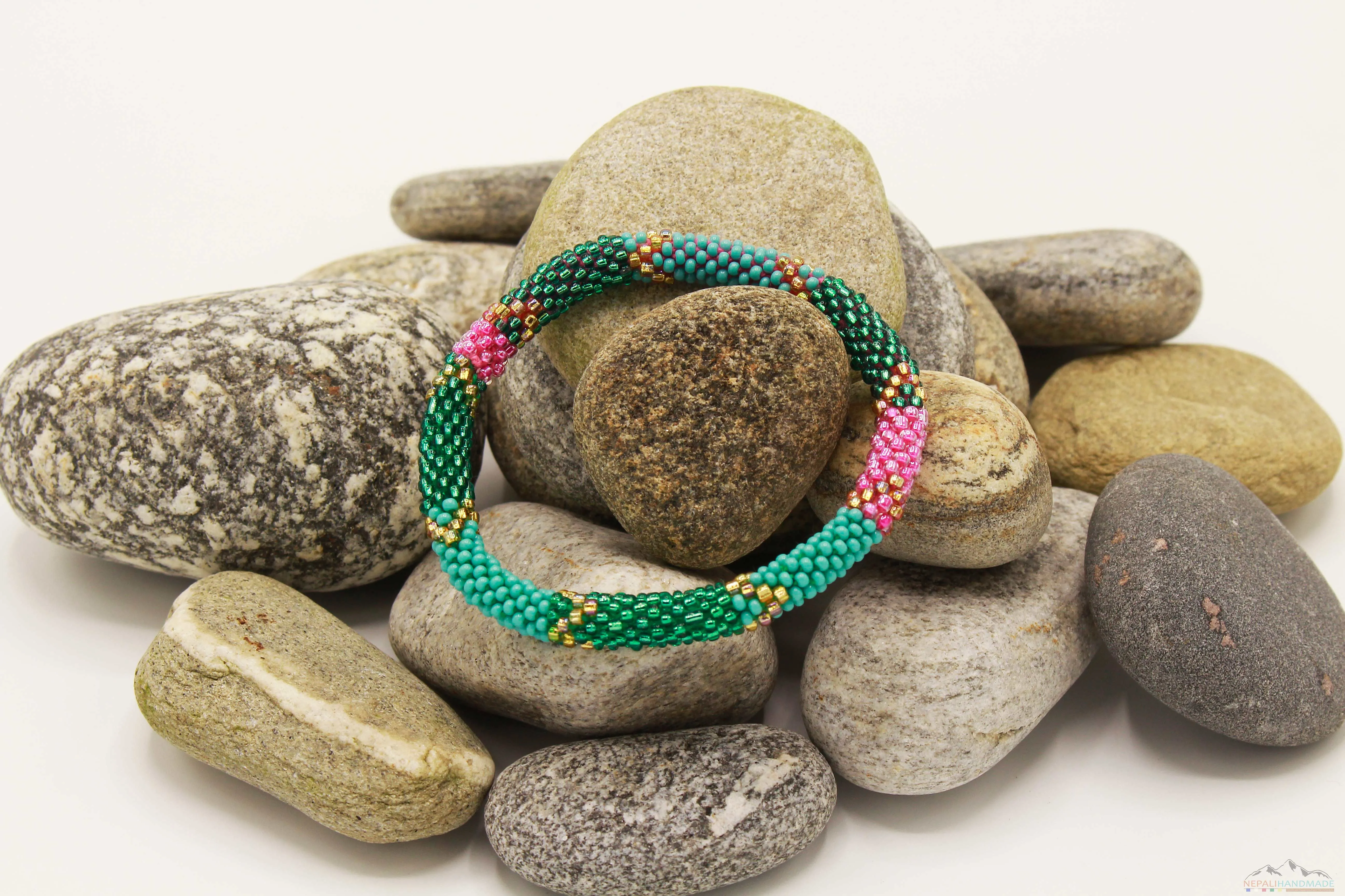 Sparkling Green, Blue & Pink Glass Beads Roll On Bracelet