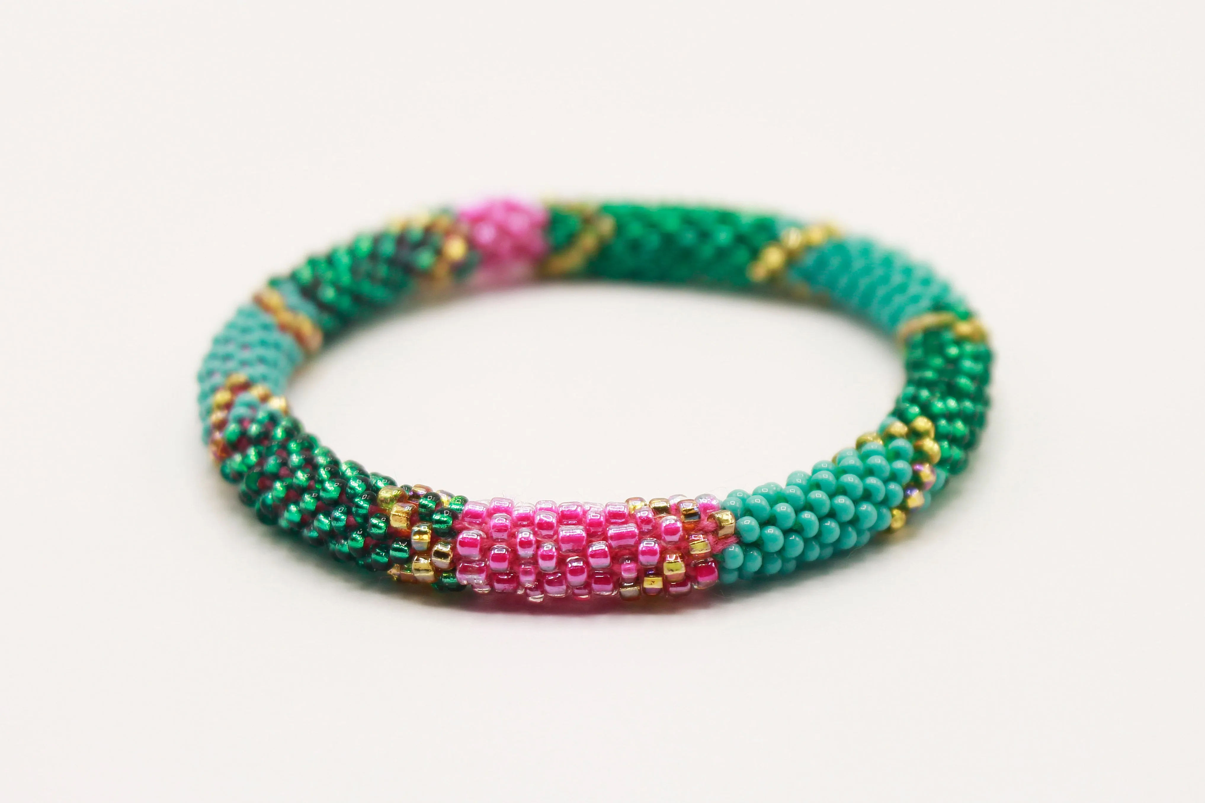 Sparkling Green, Blue & Pink Glass Beads Roll On Bracelet