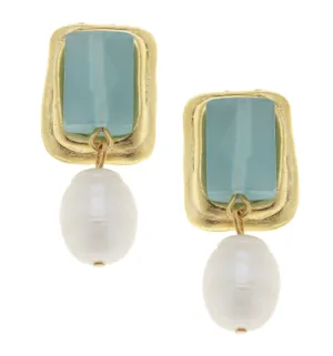 Susan Shaw Rectangle Stone Pearl Drop Clip Earrings