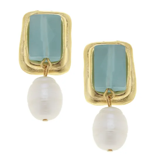 Susan Shaw Rectangle Stone Pearl Drop Clip Earrings