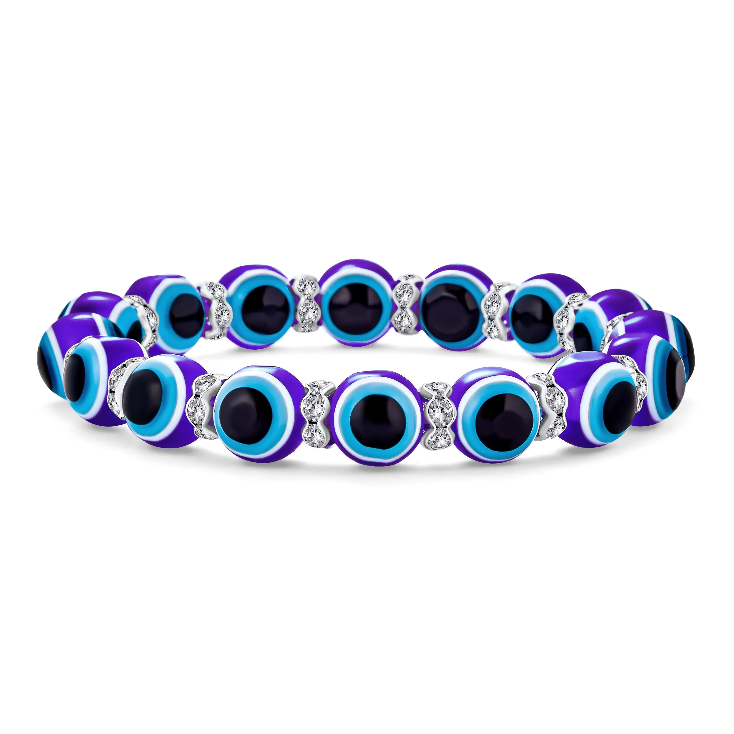 Translucent Turkish Glass Bead Evil Eye Stretch Bracelet with Crystal Spacers