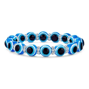 Translucent Turkish Glass Bead Evil Eye Stretch Bracelet with Crystal Spacers