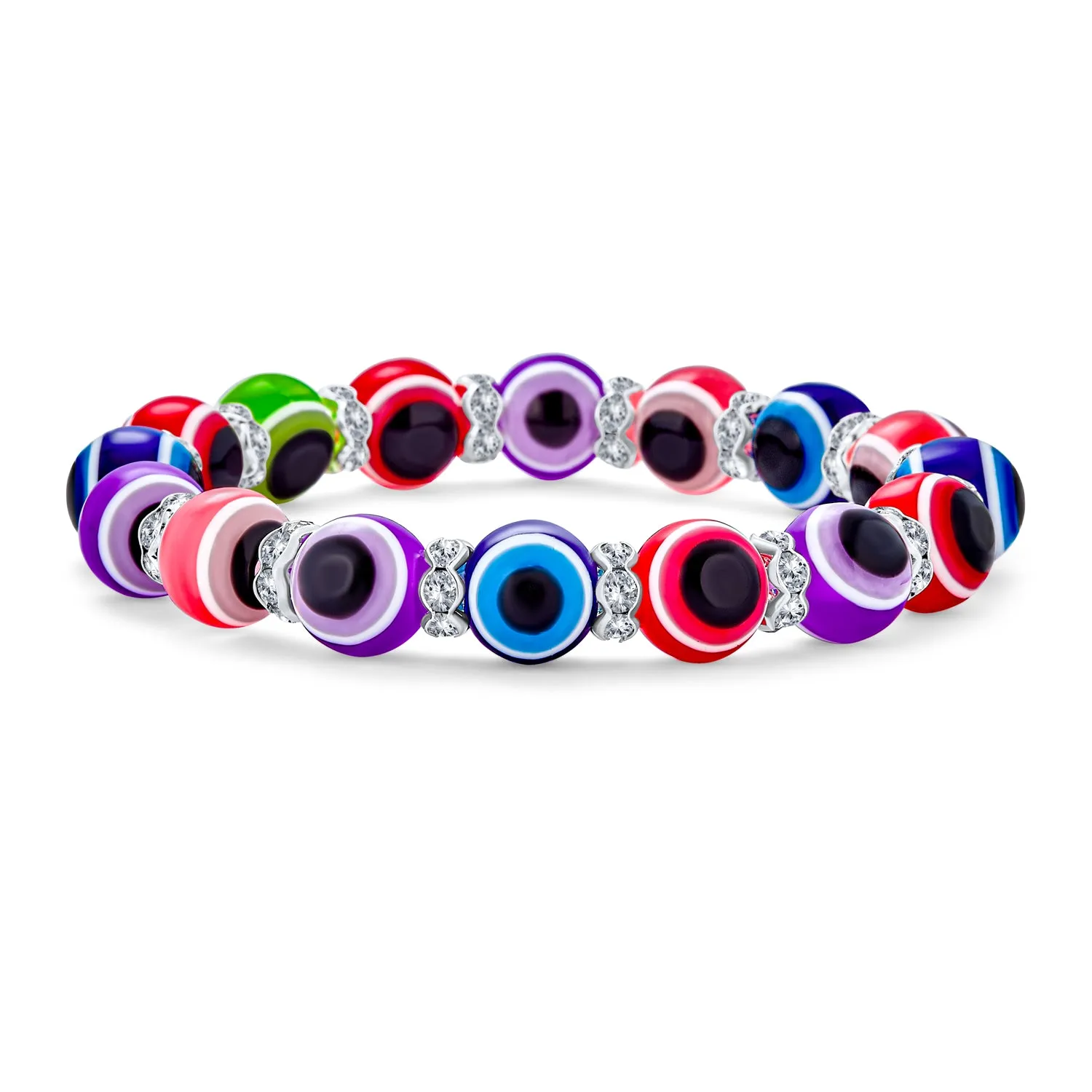 Translucent Turkish Glass Bead Evil Eye Stretch Bracelet with Crystal Spacers