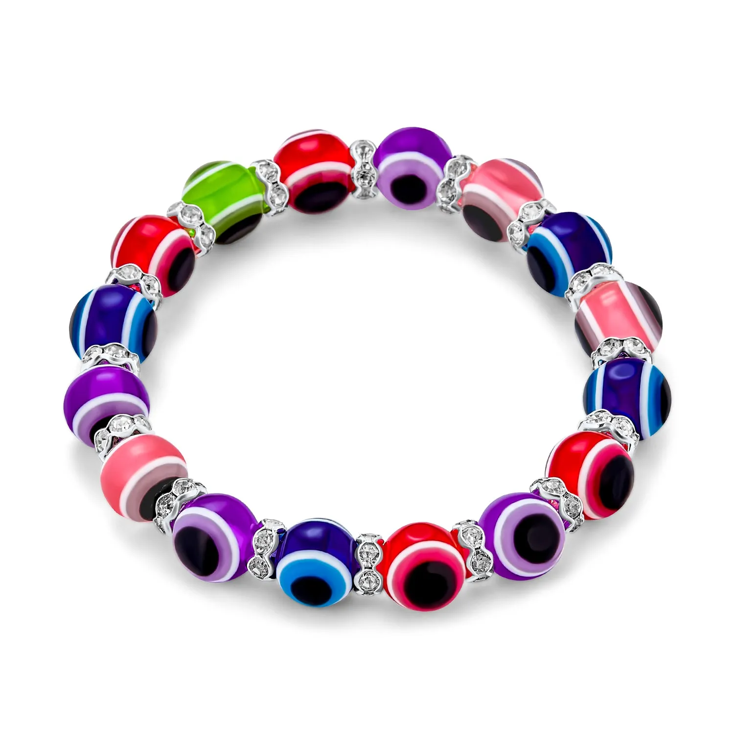 Translucent Turkish Glass Bead Evil Eye Stretch Bracelet with Crystal Spacers