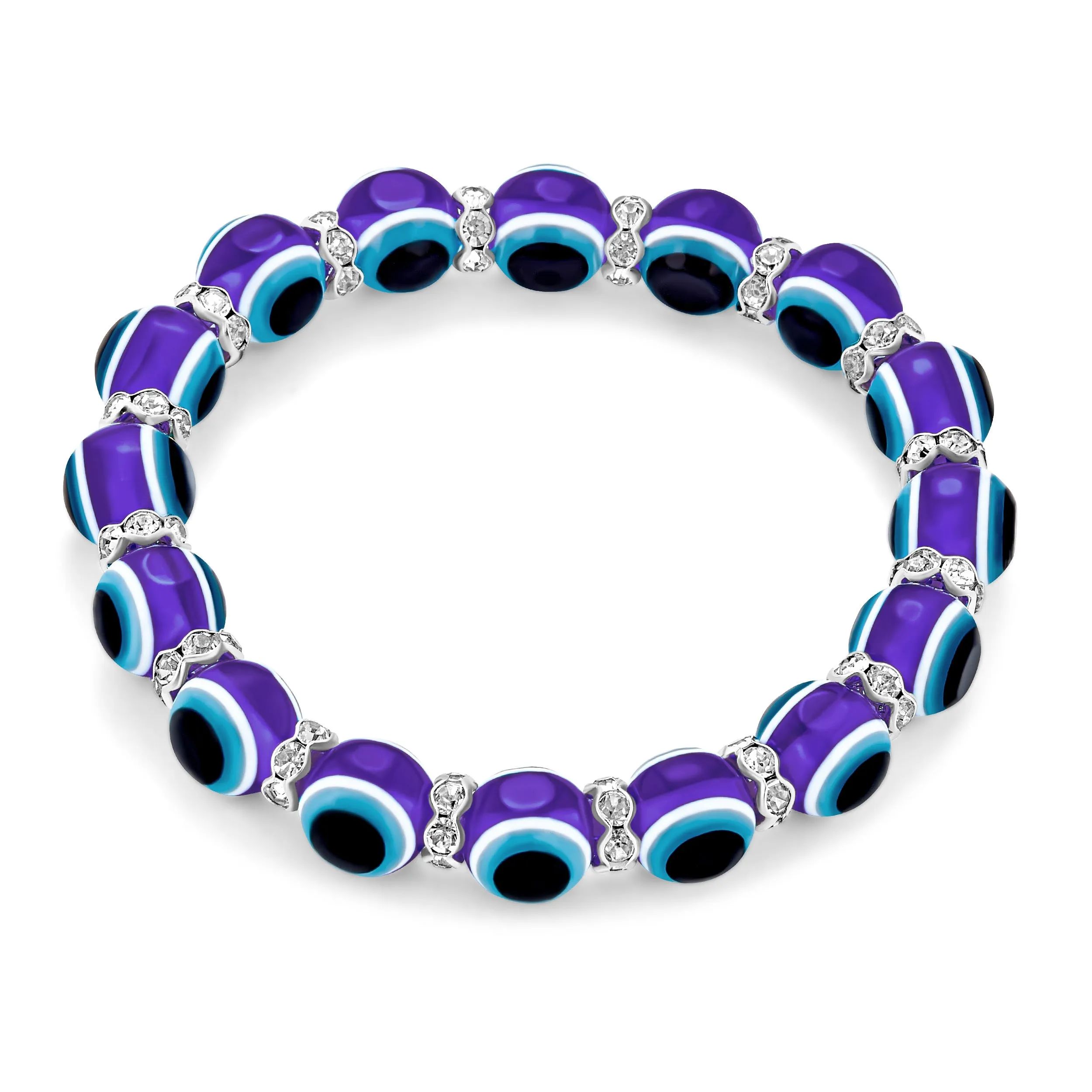 Translucent Turkish Glass Bead Evil Eye Stretch Bracelet with Crystal Spacers