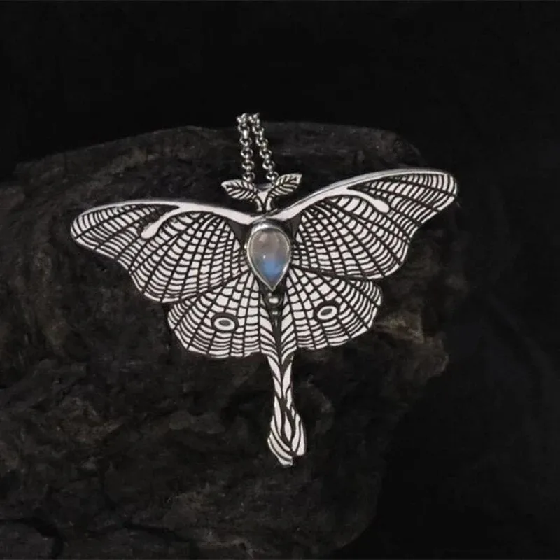 Vintage Luna Moth Necklace Butterfly Pendant Necklace Crystal Chain