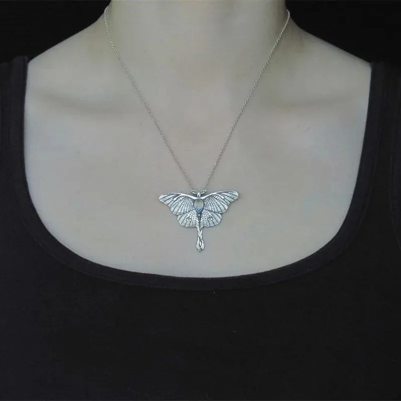 Vintage Luna Moth Necklace Butterfly Pendant Necklace Crystal Chain