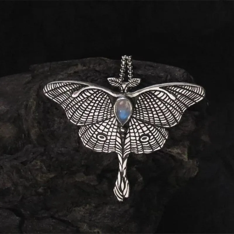 Vintage Luna Moth Necklace Butterfly Pendant Necklace Crystal Chain