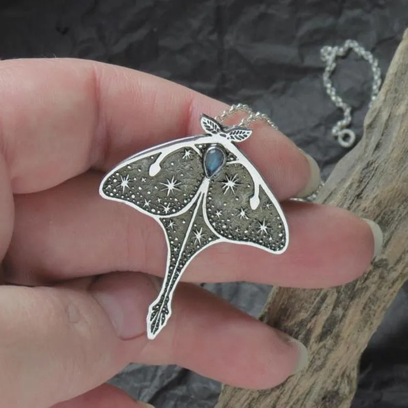 Vintage Starry Sky Moth Mysterious Crystal Necklace Charm Pendant