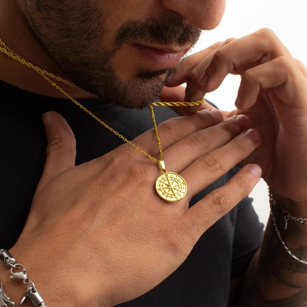 Vnox Layered Necklaces for Men, Sailing Travel Compass Pendant, Stainless Steel Cuban Figaro Wheat Chain, Casual Retro Collar