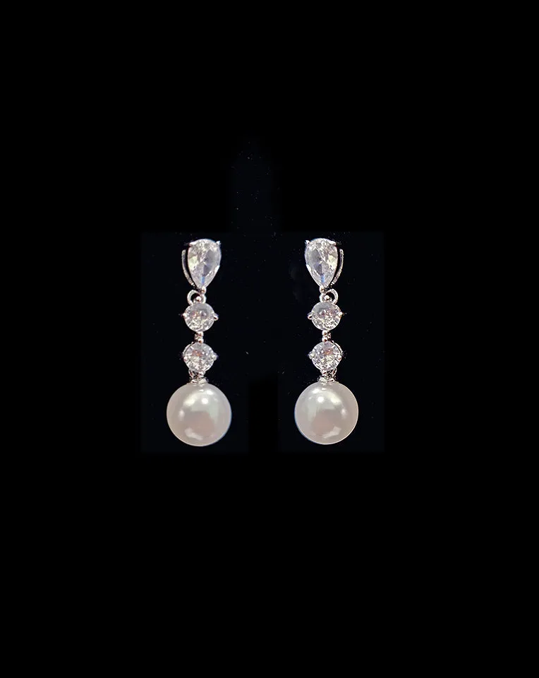 wedding earrings - dainty crystal cascade with round pearl drop - Isobel by Johnny b at Kezani