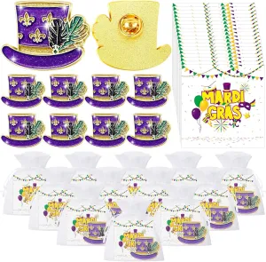 Yinkin 72 Pcs 24 Set Mardi Gras Lapel Pins with Cards and Festival Carnival Organza Bag Mardi Gras Party Favors for Women Girls Gift Parade Party Float Giveaways