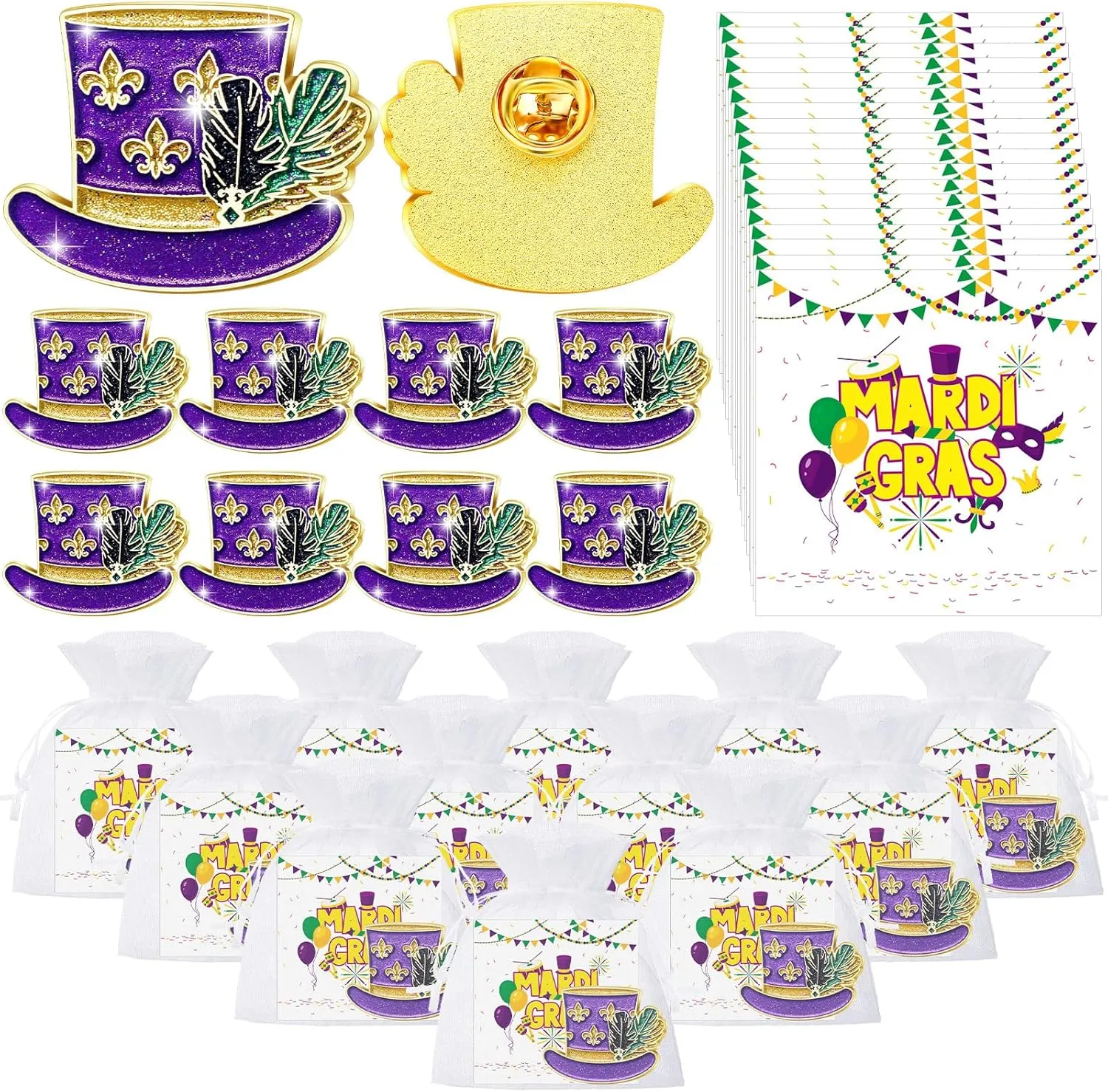Yinkin 72 Pcs 24 Set Mardi Gras Lapel Pins with Cards and Festival Carnival Organza Bag Mardi Gras Party Favors for Women Girls Gift Parade Party Float Giveaways